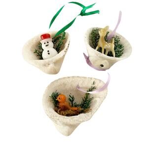 Vintage Sea Shell Diorama Christmas Ornament Set of 3 Handmade Hanging Kitsch